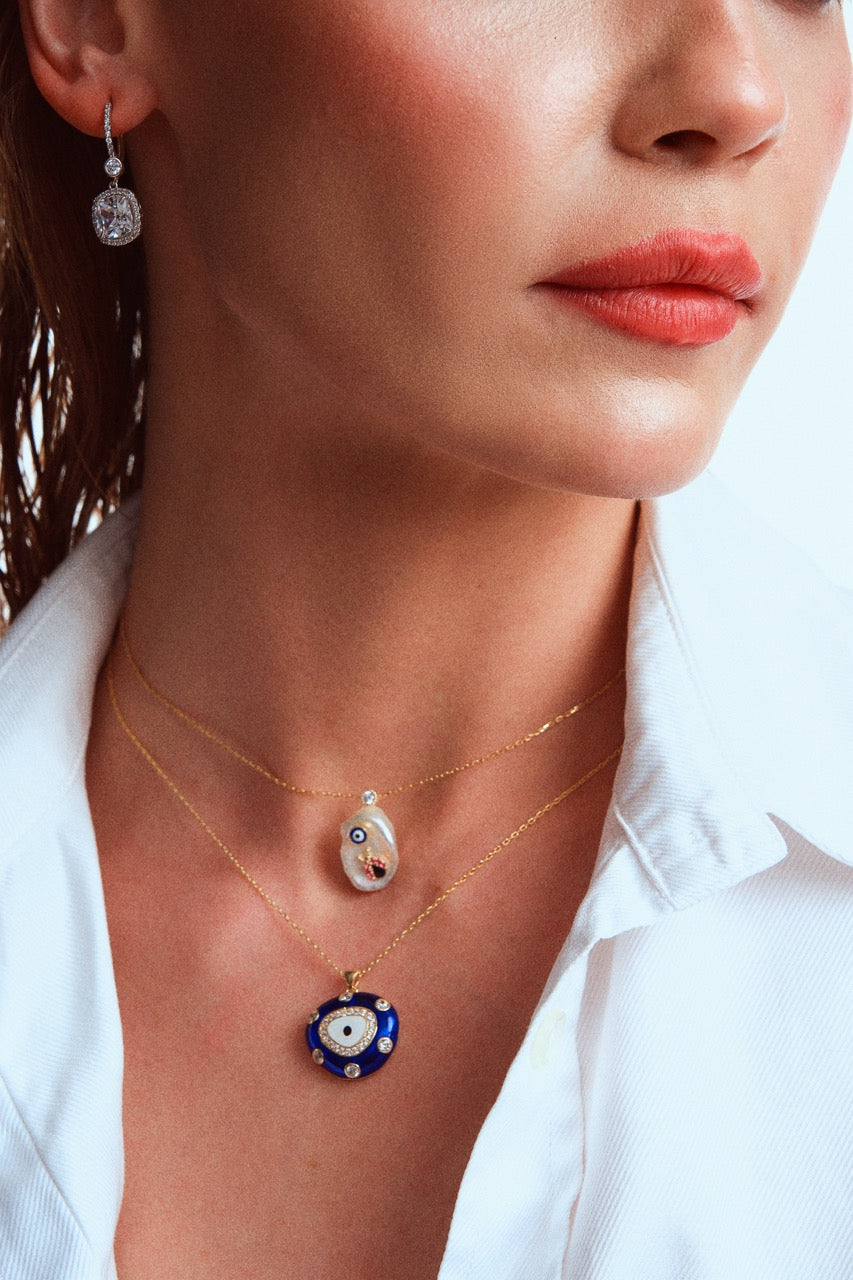 Ladybug & Evil Eye Pave Pearl Necklace