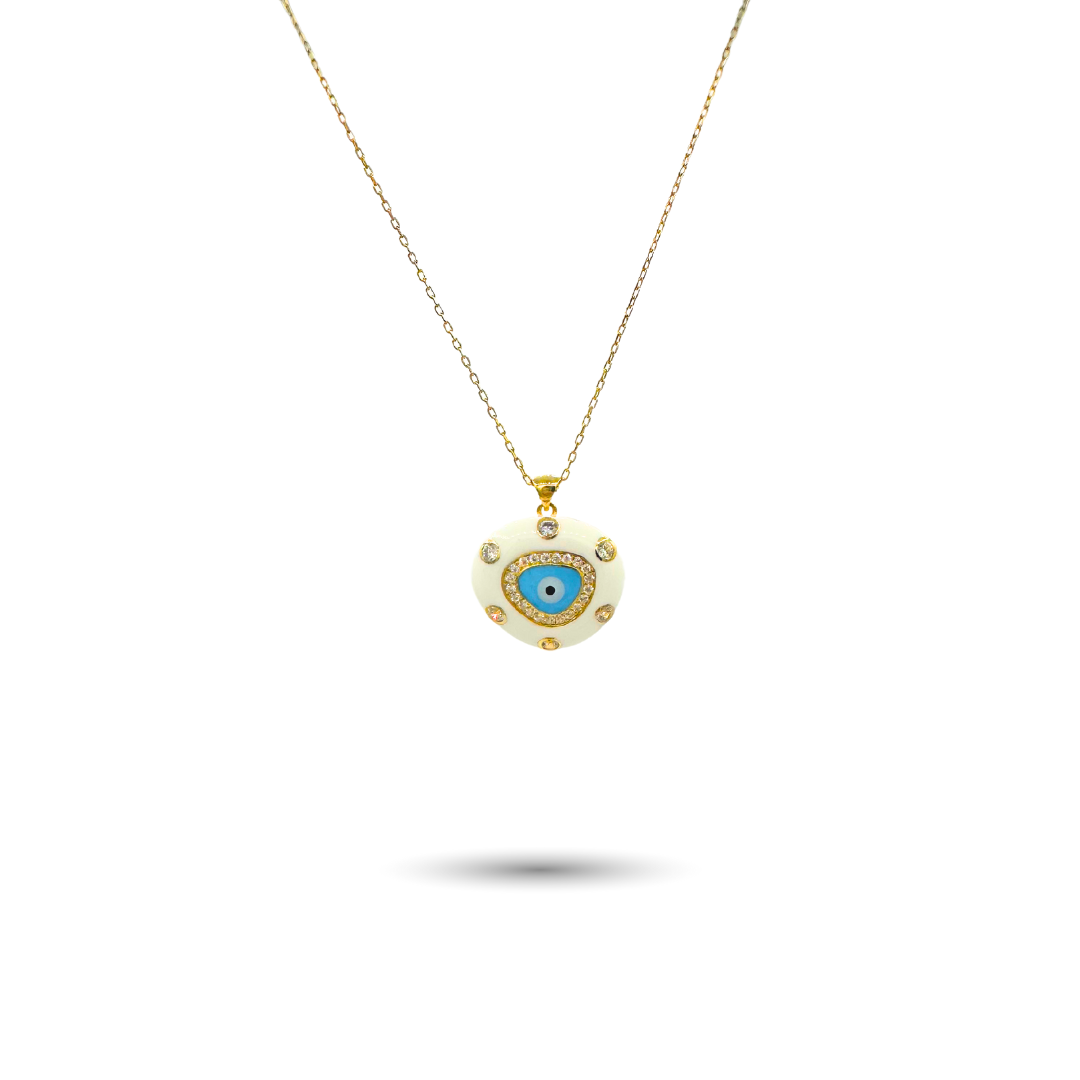White & Blue Enamel Dome Evil Eye Necklace
