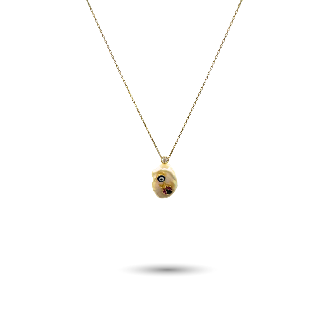 Ladybug & Evil Eye Pave Pearl Necklace