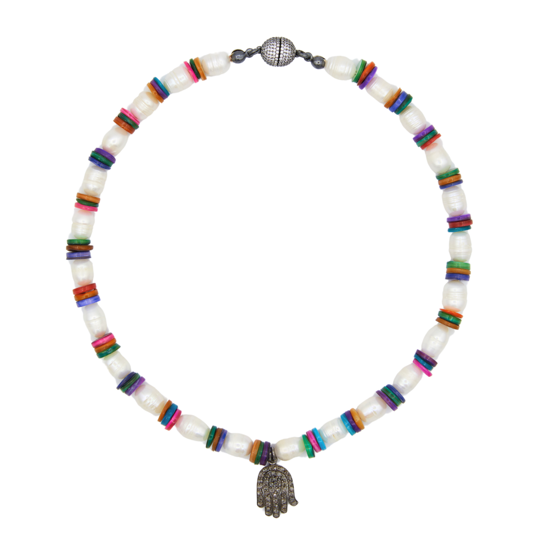 Pearl Multi-Color Necklace with Diamond Hand