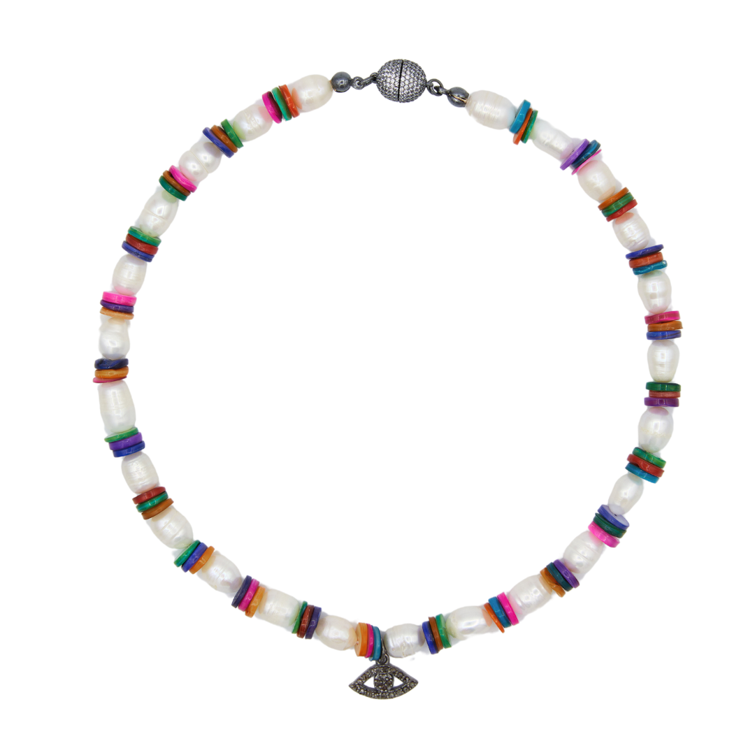 Pearl Multi-Color Necklace with Diamond Evil Eye