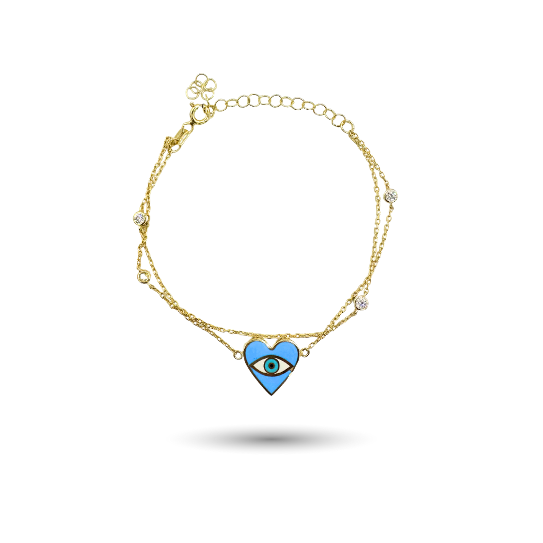 Gold-Plated Silver Heart-Shaped Evil Eye Bracelet with CZ
