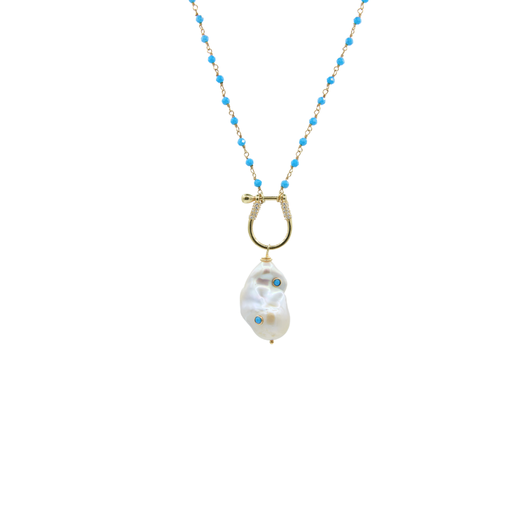 Turquoise Necklace with Pave Baroque Pearl Pendant