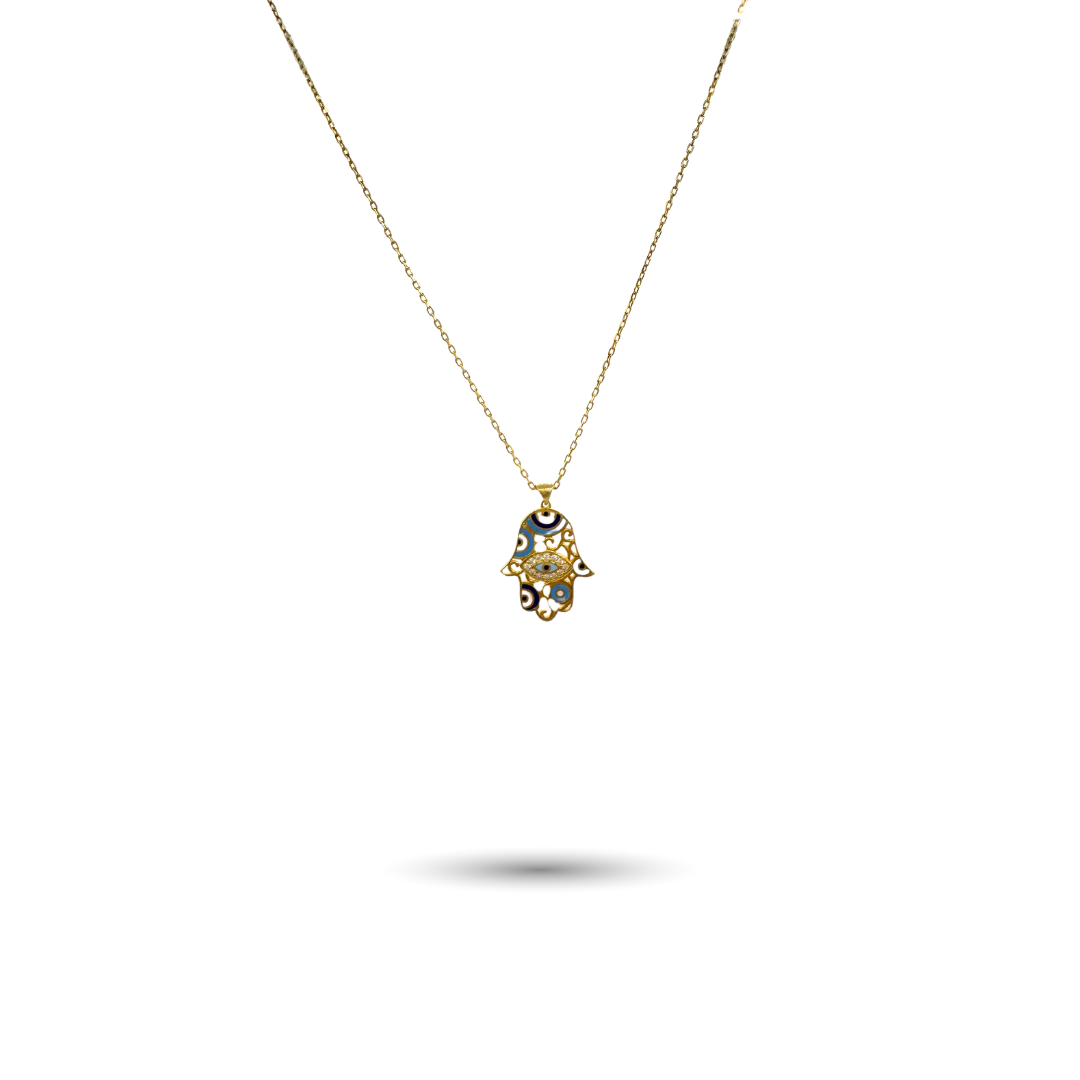 Gold-Plated Silver Hand Necklace with Enamel Evil Eyes