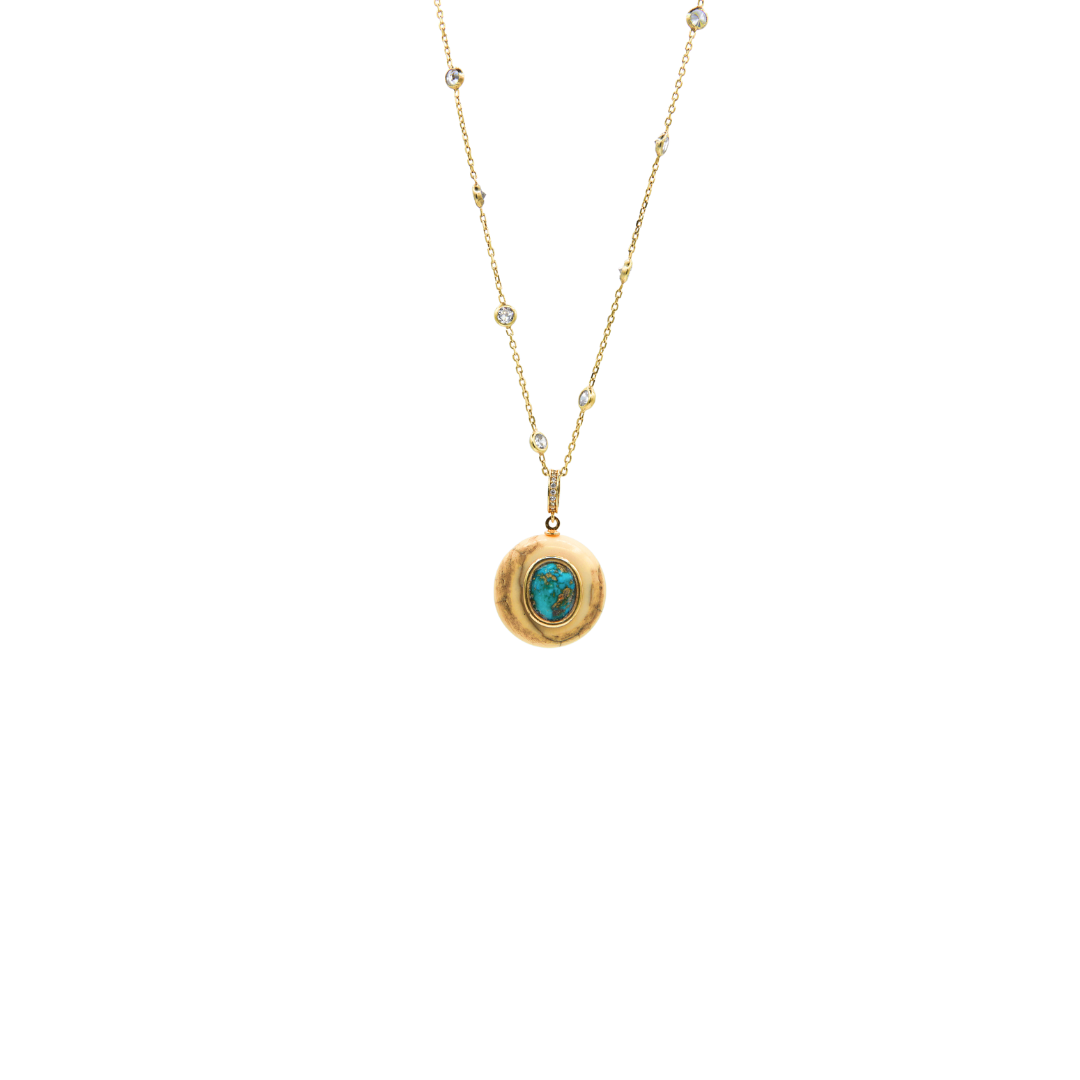 Gold-Plated Silver Station Chain Necklace with Turquoise Pave Ivory Pendant