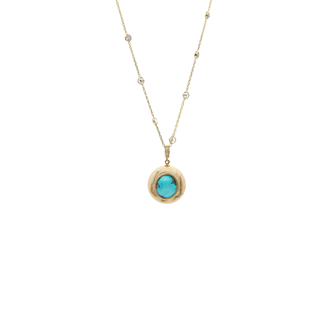 Gold-Plated Silver Station Chain Necklace with Turquoise Pave Ivory Pendant
