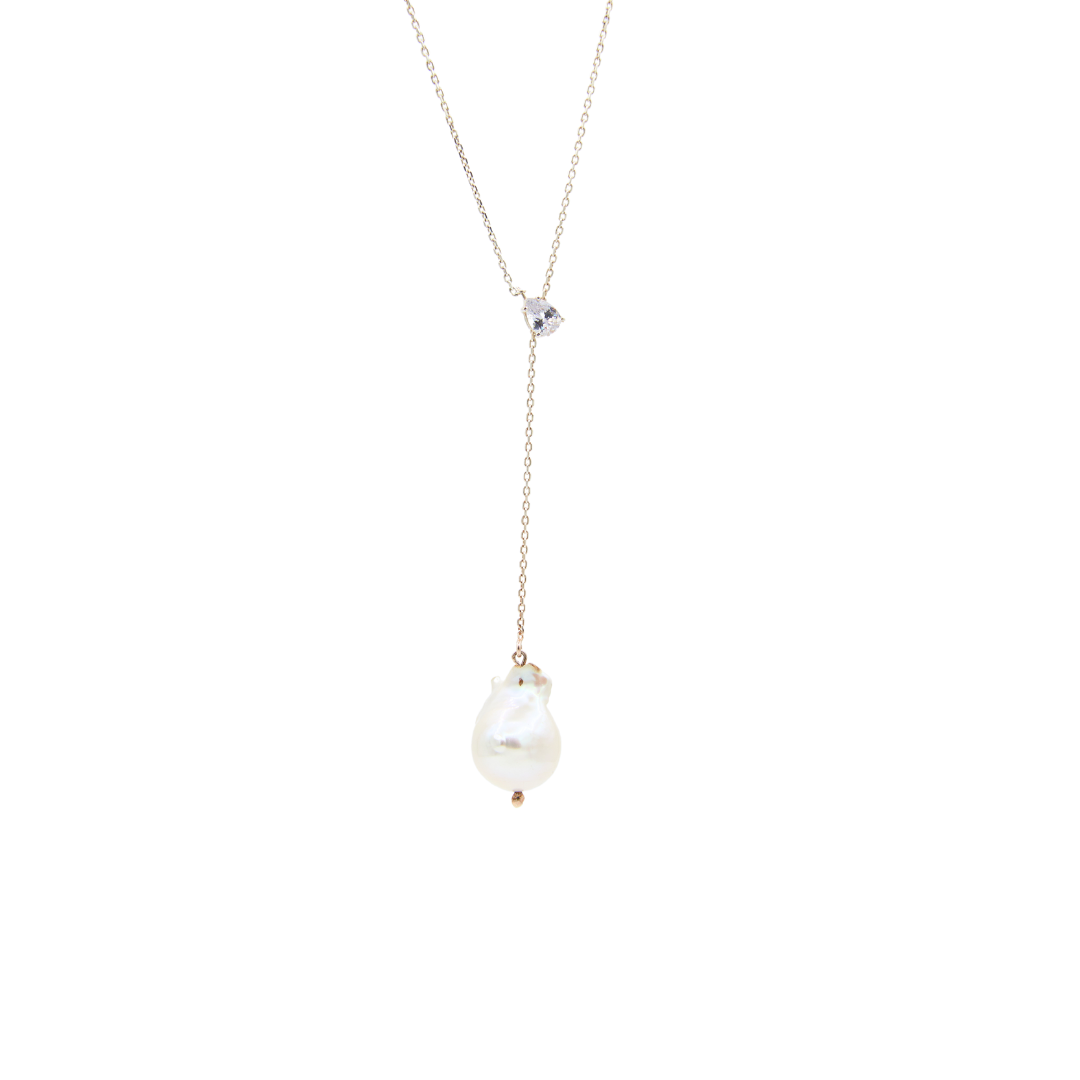 Silver Lariat Necklace with Pearl and CZ