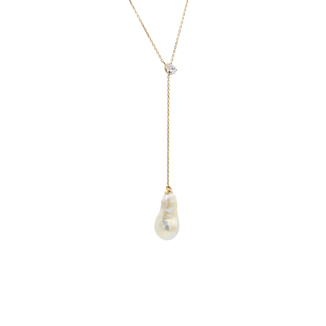 Silver Lariat Necklace with Pearl and CZ