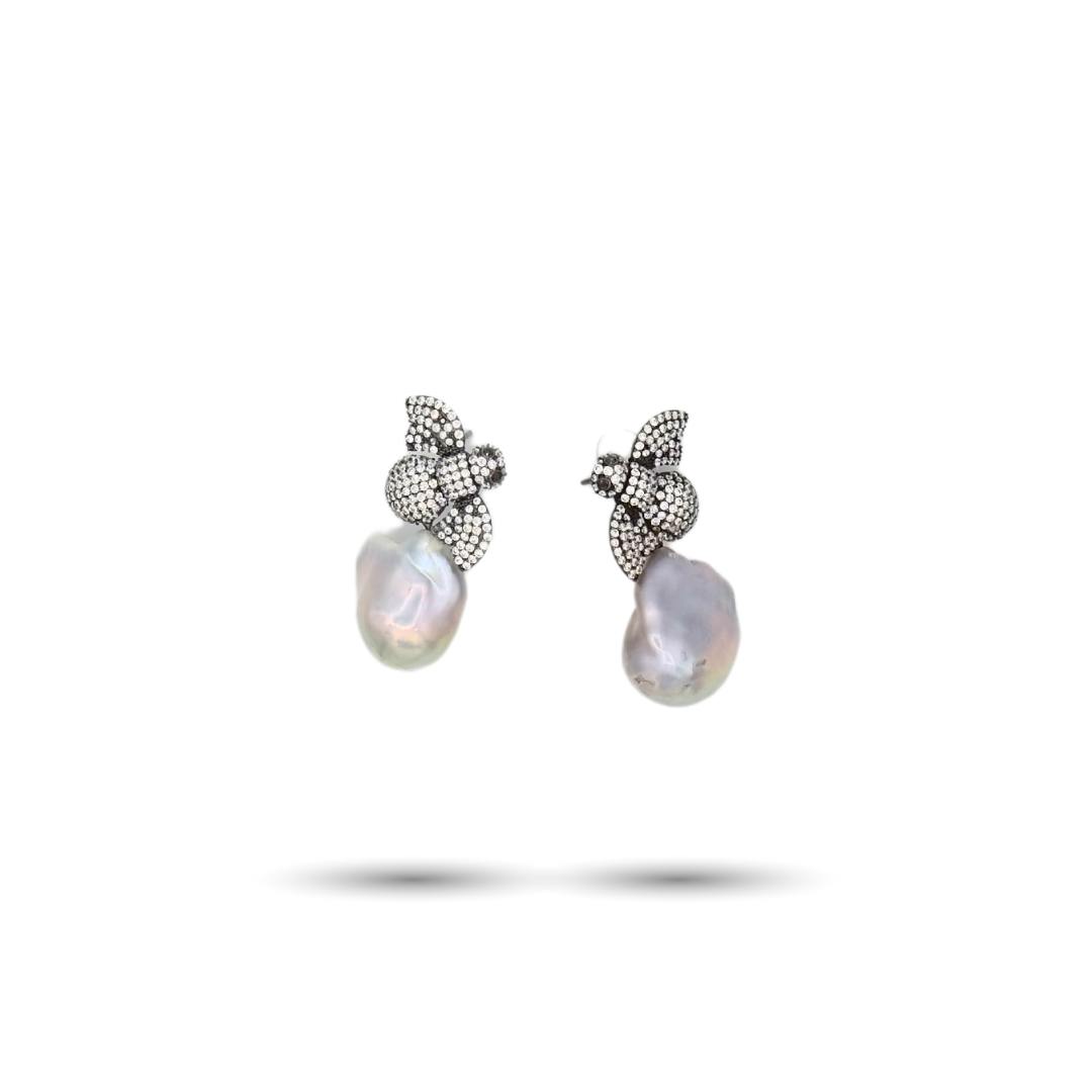Gray Baroque Pearl Earrings with Bumblebee