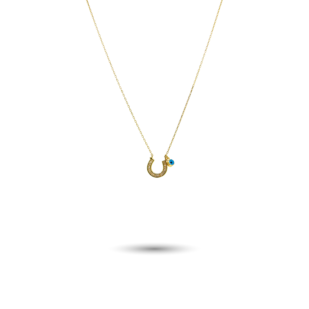 Gold-Plated Silver Horseshoe Necklace with Evil Eye
