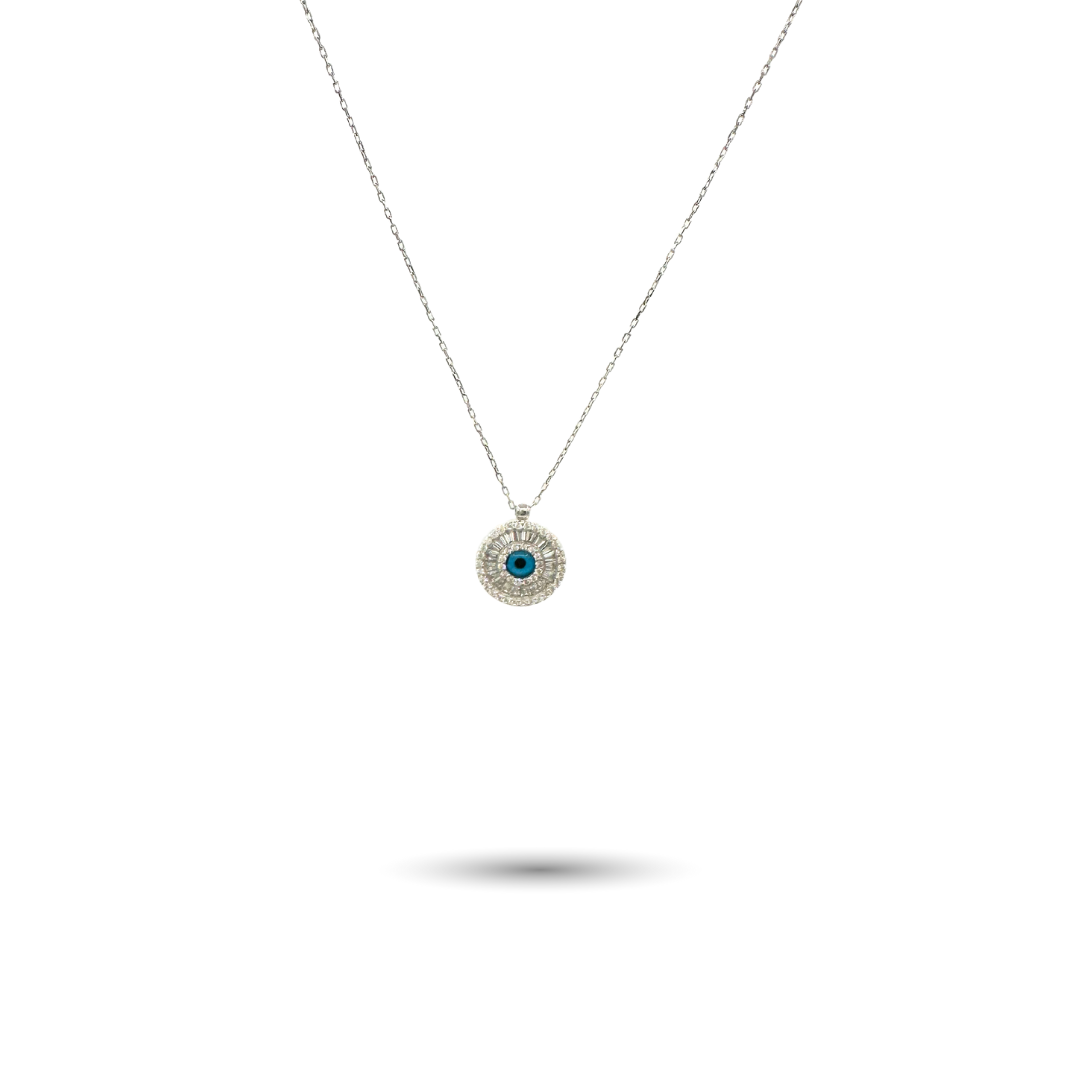 Round Silver Evil Eye Necklace with Baguette Cut CZ