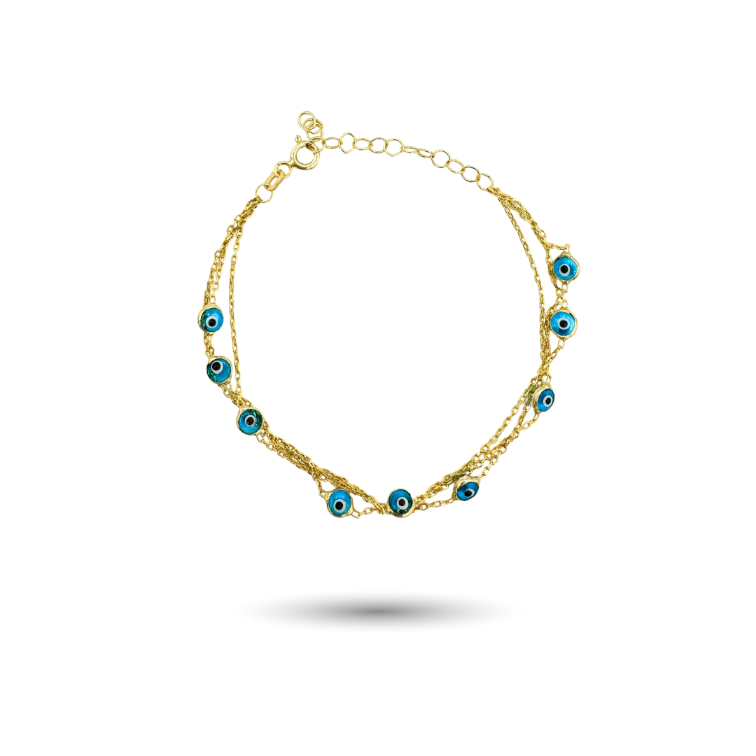 Multi-Strand Gold-Plated Silver Bracelet with Evil Eyes