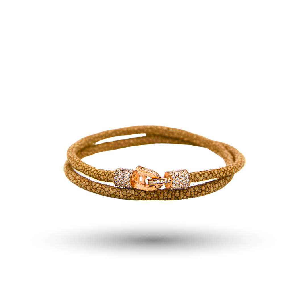 Brown Stingray Leather Wraparound Bracelet with CZ