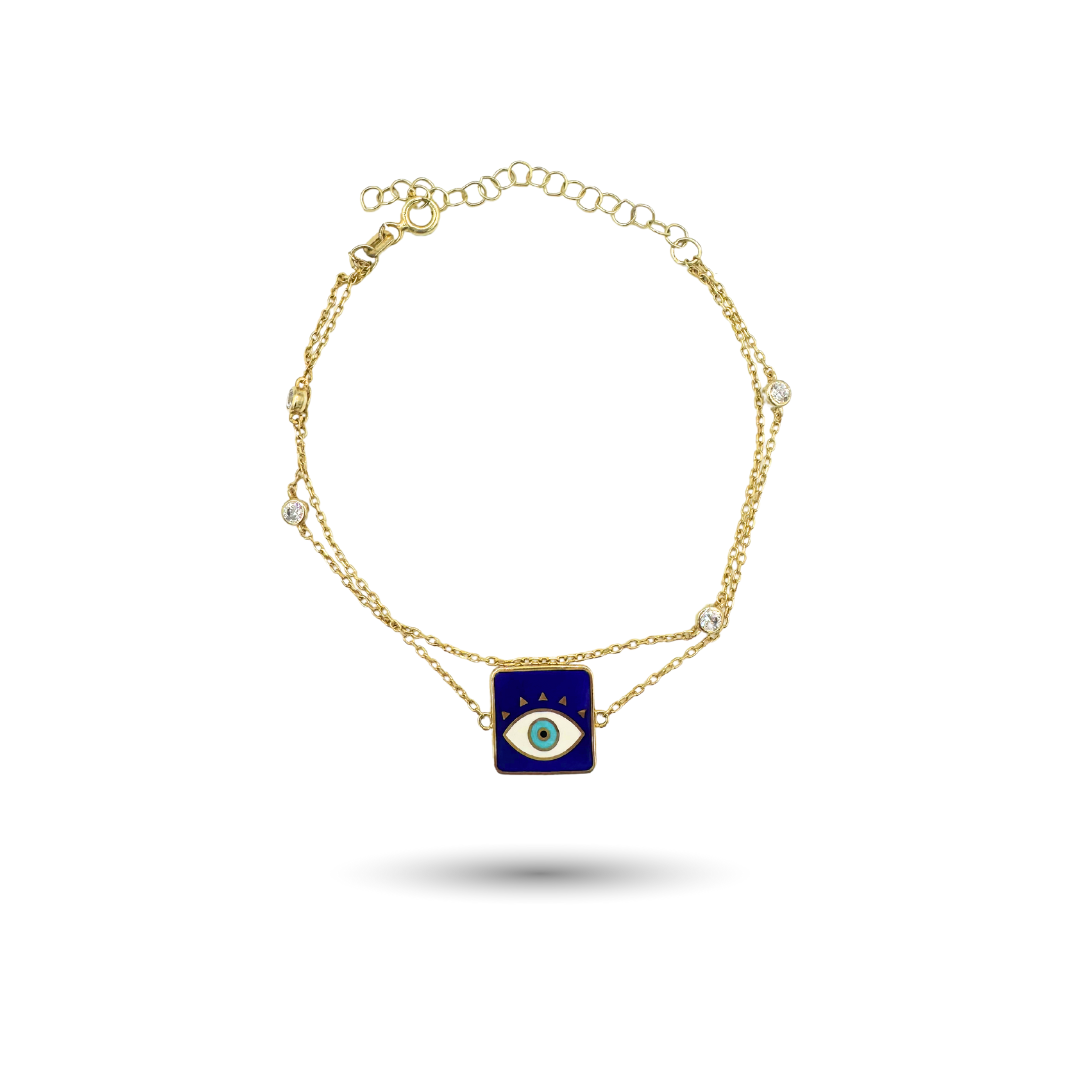 Gold-Plated Silver Square Navy Evil Eye Bracelet with CZ
