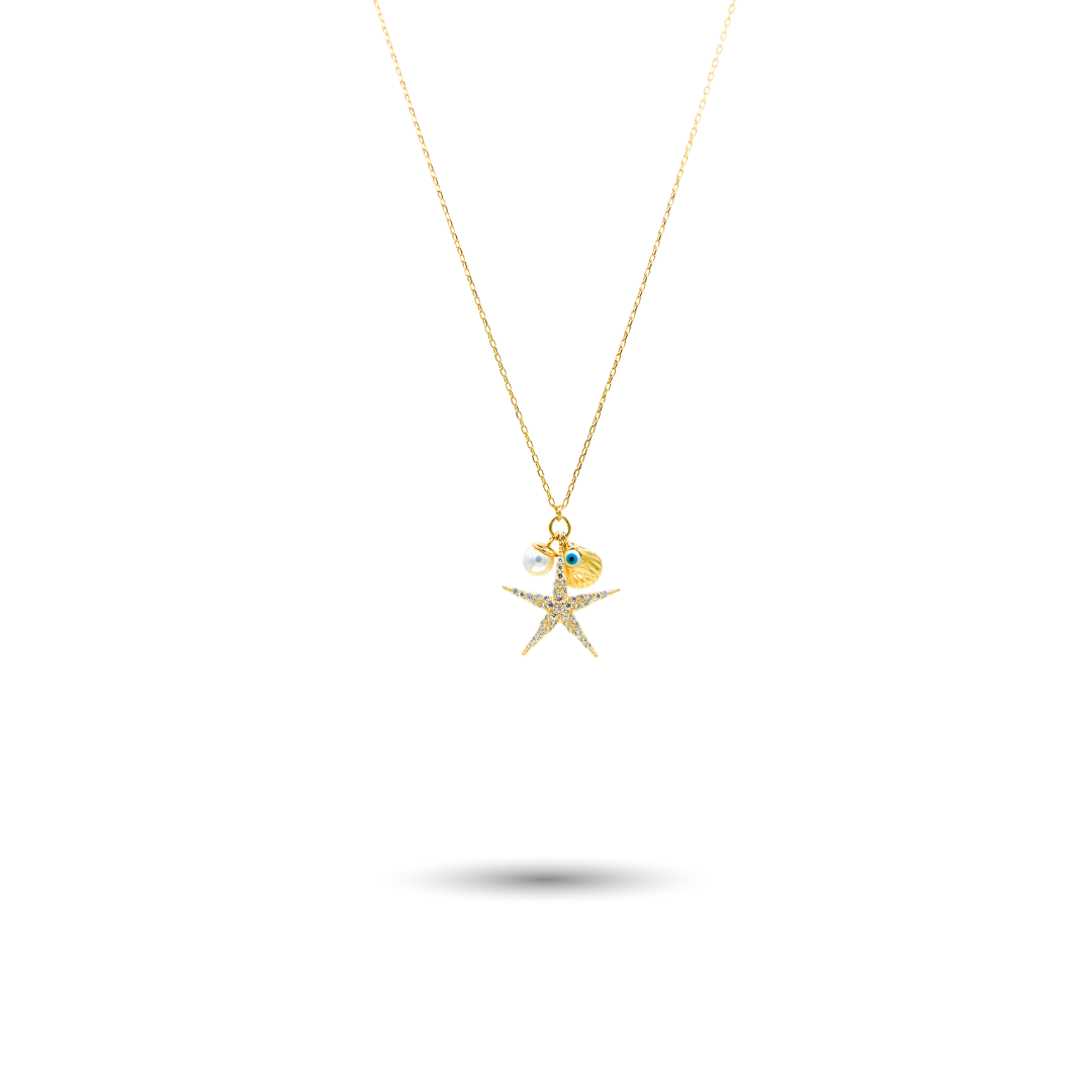 Gold-Plated Silver CZ Starfish Necklace with Charms