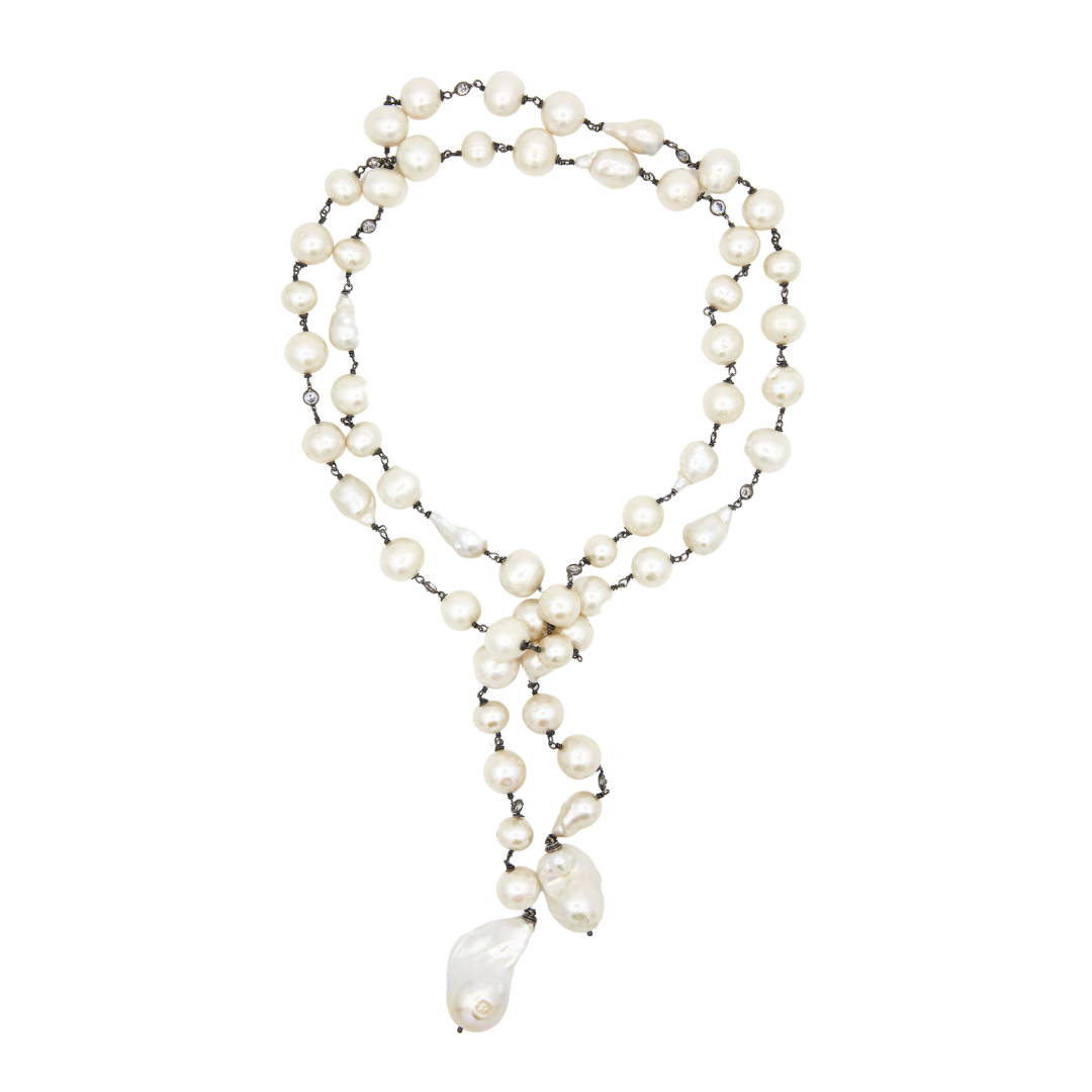 Long Oxidized Silver Open Pearl Necklace with CZ