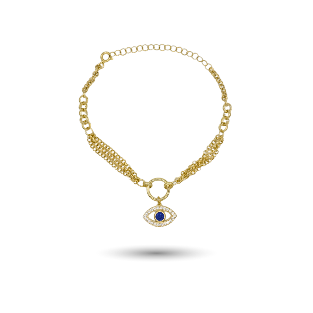 Gold-Plated Silver Multi-Strand Bracelet with Hanging Evil Eye