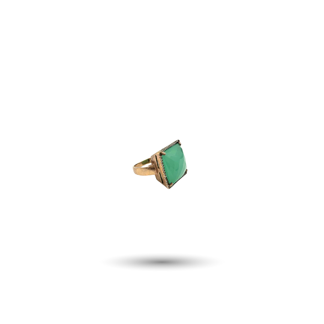 Rose Gold-Plated Silver Square Chalcedony Ring with CZ