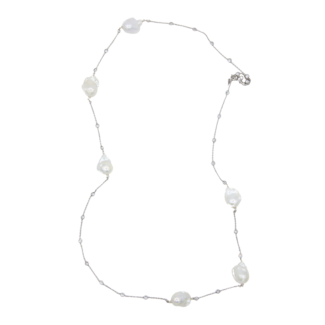 Silver Station Necklace with Baroque Pearls and CZ