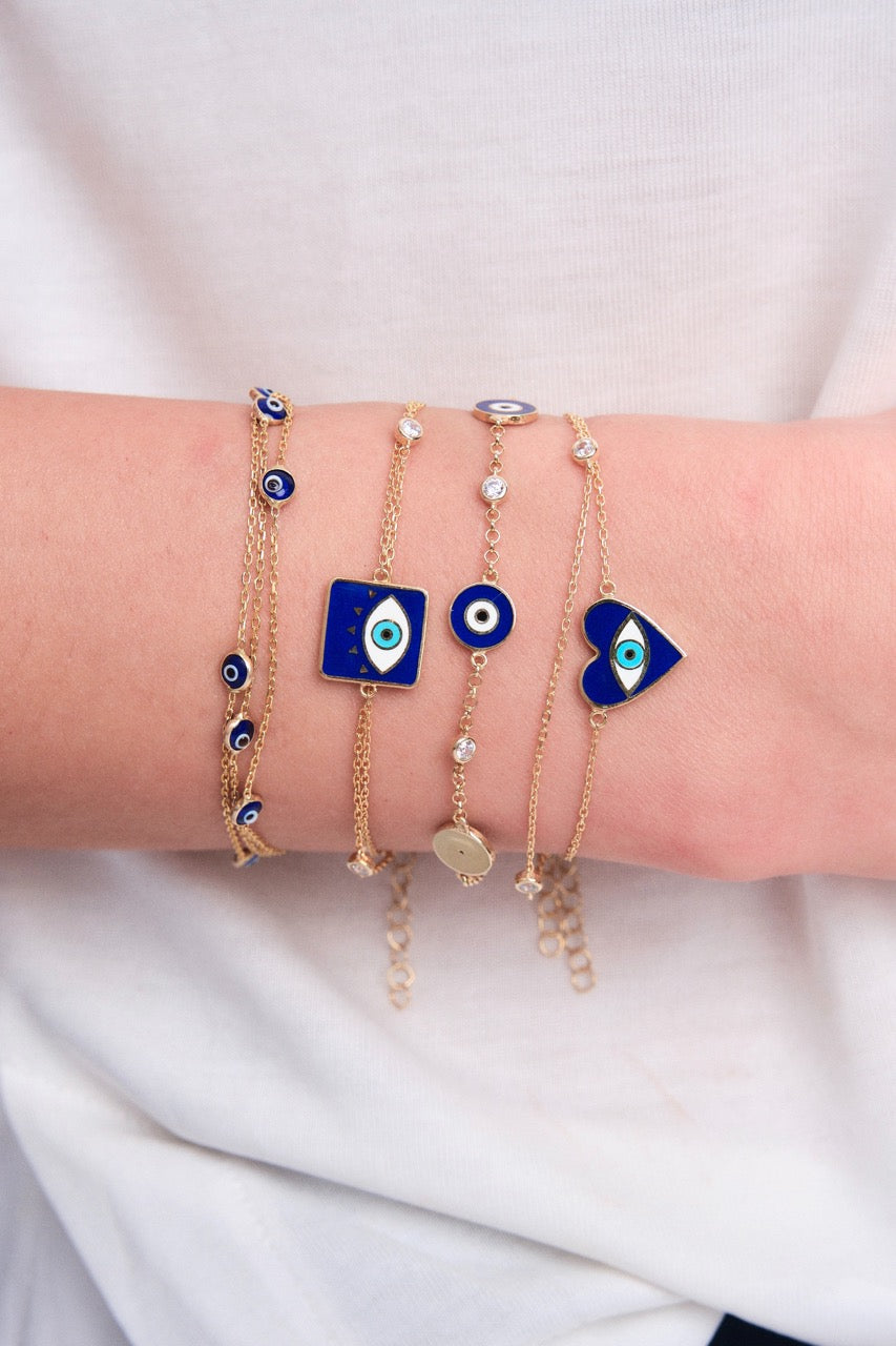 Gold-Plated Silver Square Navy Evil Eye Bracelet with CZ