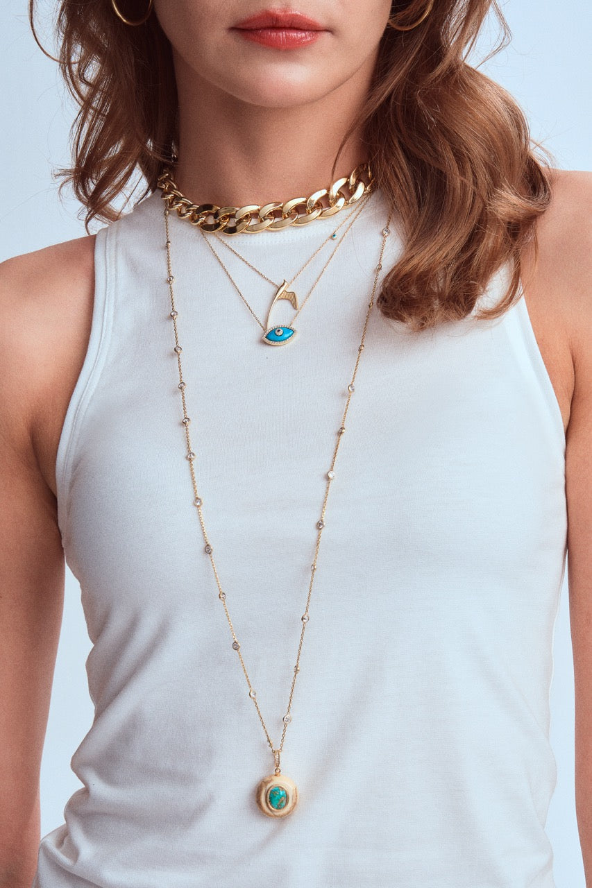 Gold-Plated Silver Station Chain Necklace with Turquoise Pave Ivory Pendant