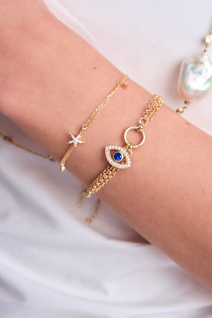 Gold-Plated Silver Multi-Strand Bracelet with Hanging Evil Eye