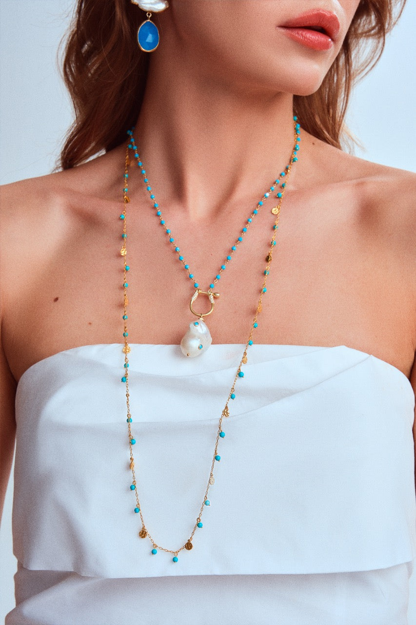 Turquoise Necklace with Pave Baroque Pearl Pendant