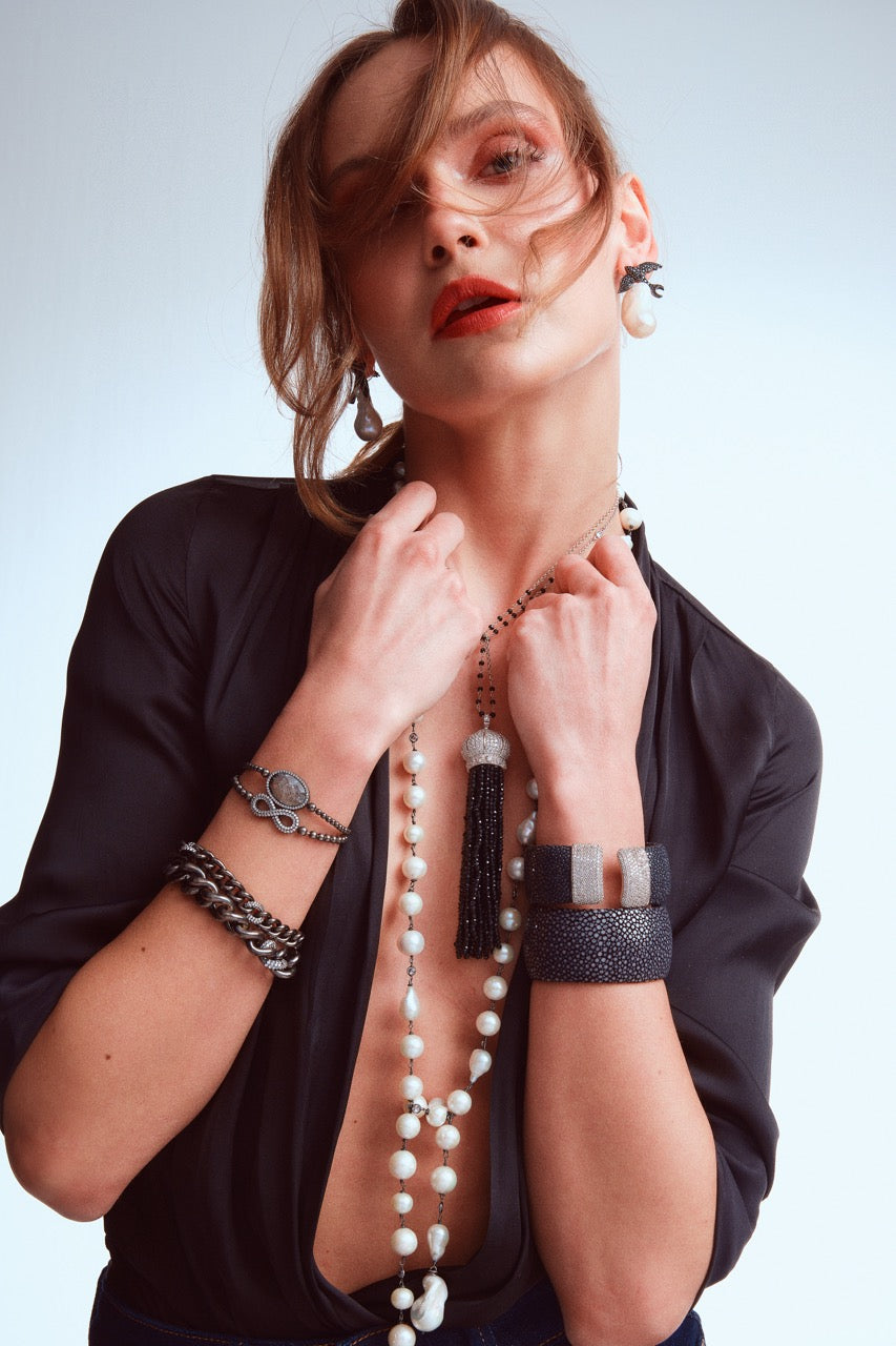 Navy Stingray Leather Bracelet with CZ Cap