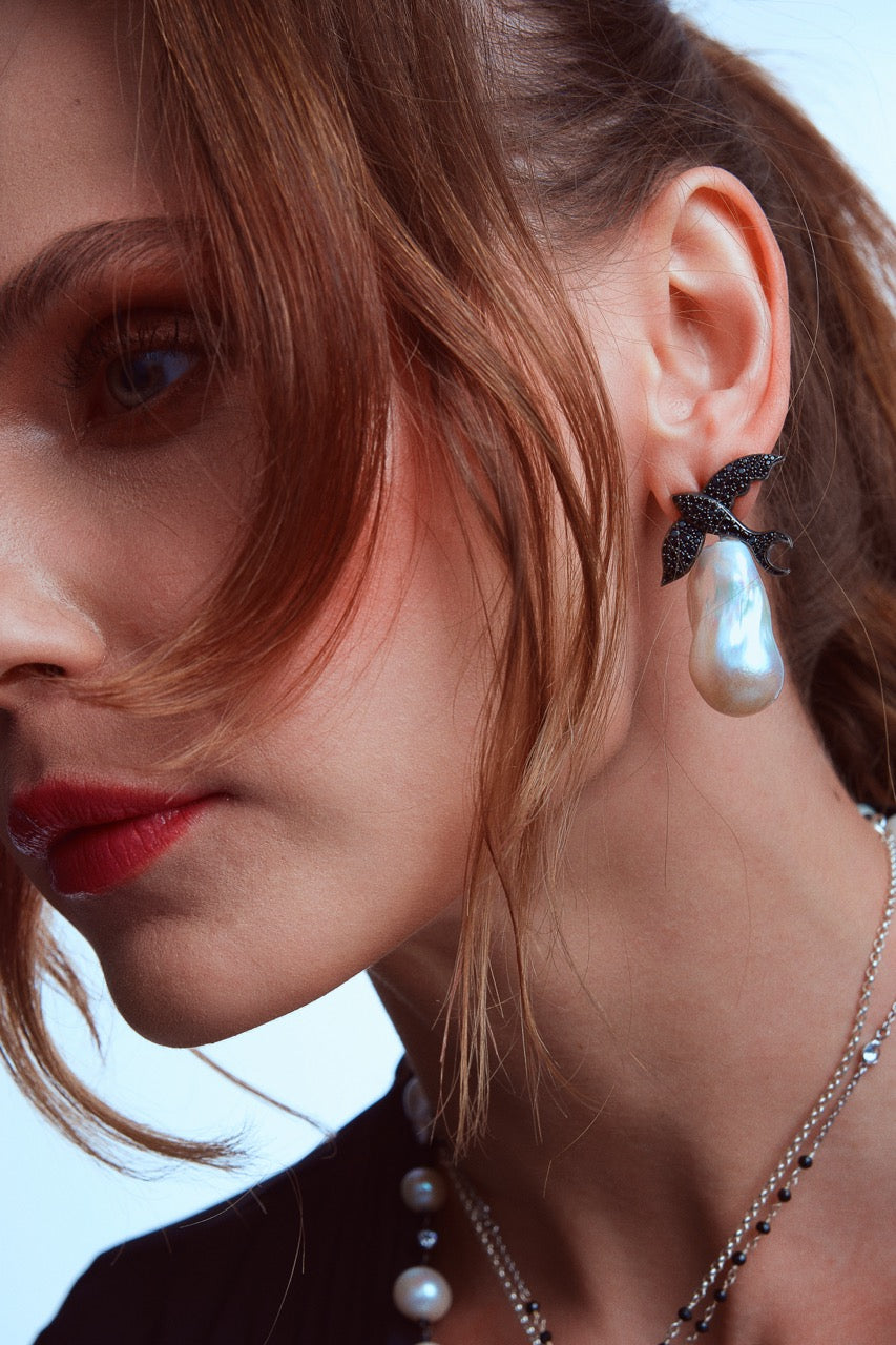 White Baroque Pearl Earrings with Dove