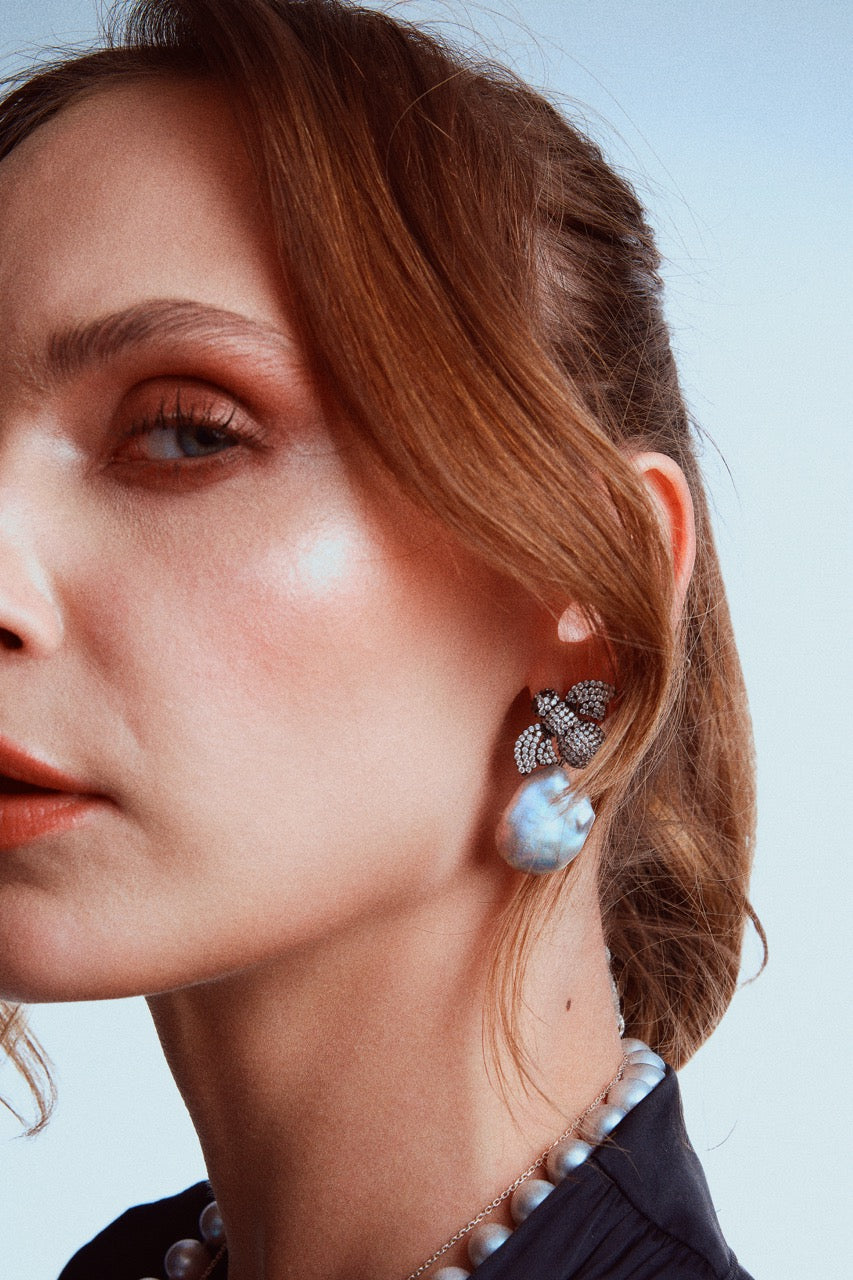 Gray Baroque Pearl Earrings with Bumblebee