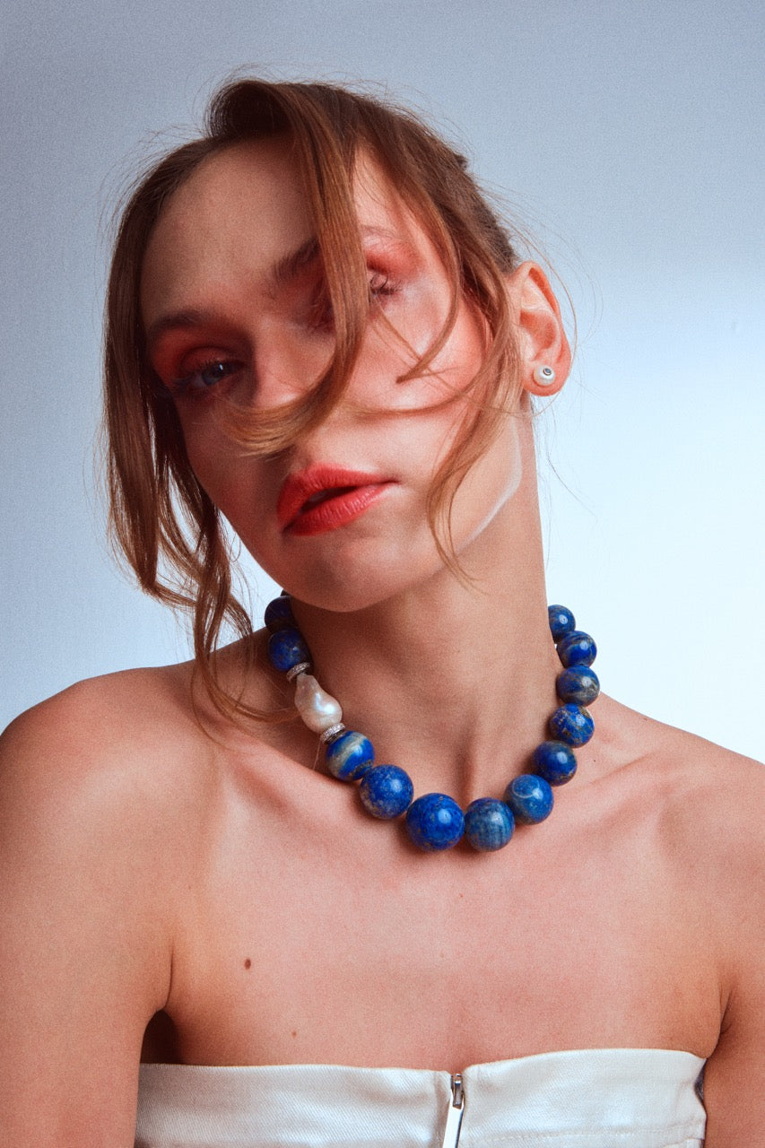 Lapis Lazuli Necklace with Baroque Pearl