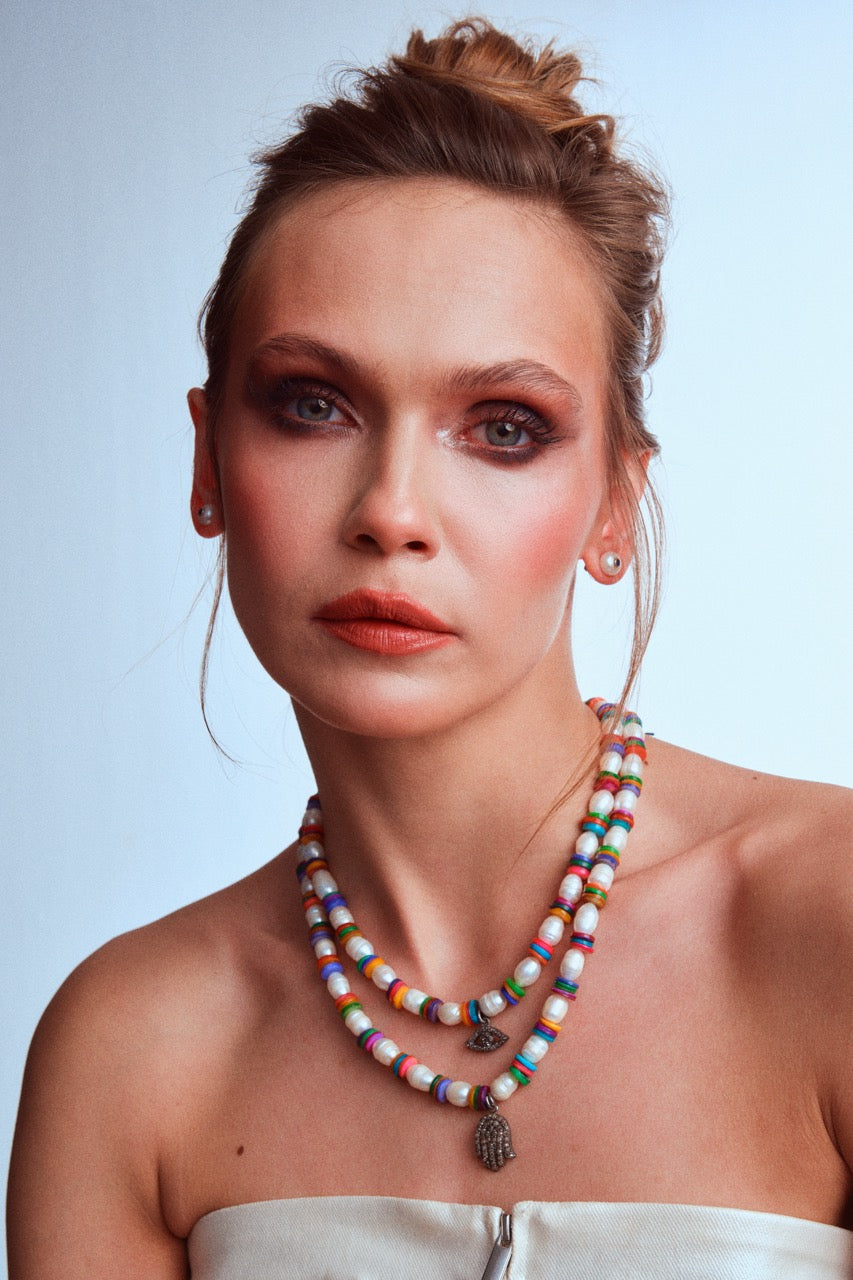 Pearl Multi-Color Necklace with Diamond Evil Eye