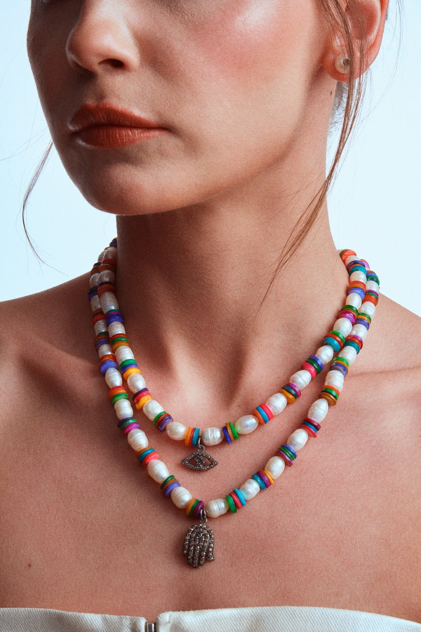 Pearl Multi-Color Necklace with Diamond Hand