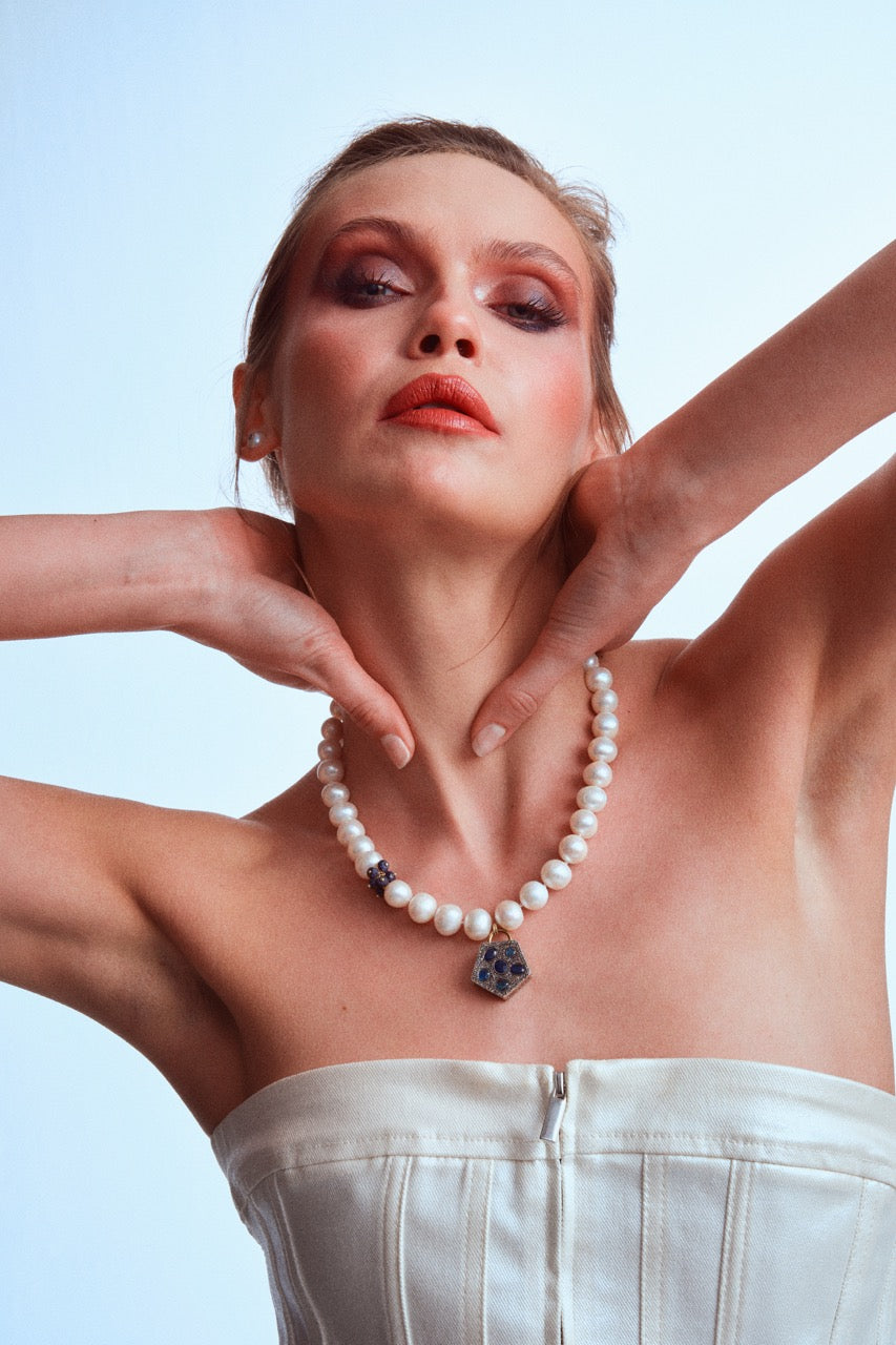 Pearl Necklace with Gothic Diamond Locker