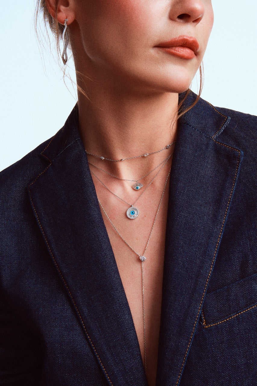 Round Silver Evil Eye Necklace with Baguette Cut CZ