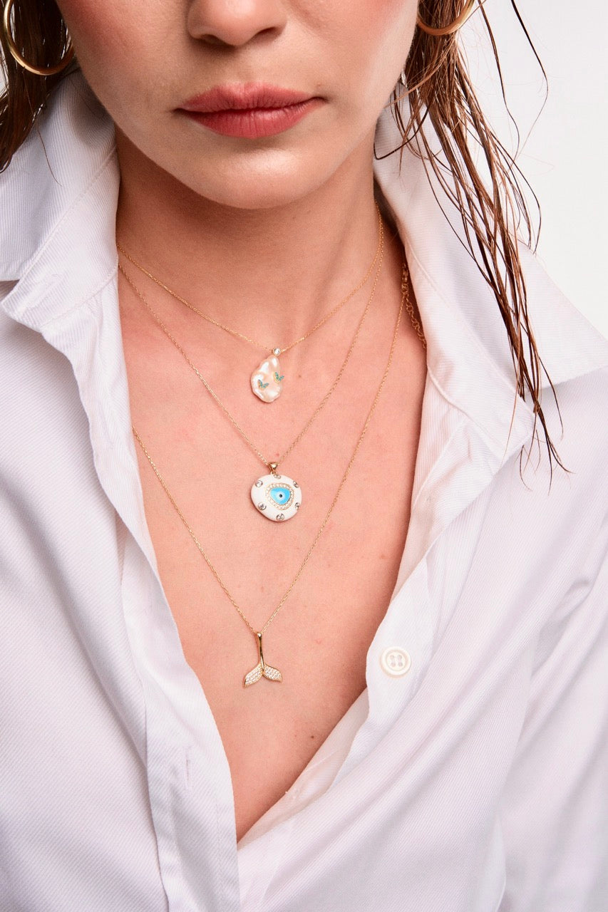 White & Blue Enamel Dome Evil Eye Necklace