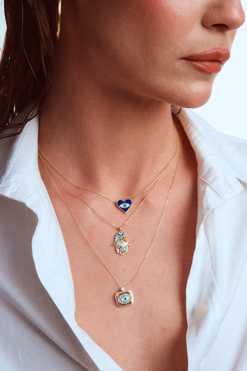 Gold-Plated Silver Hand Necklace with Enamel Evil Eyes