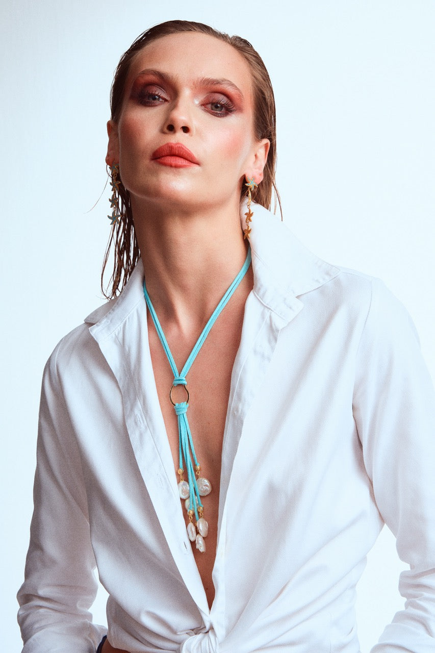 Blue Suede Necklace with 6 Pearls