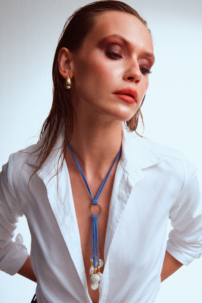 Periwinkle Suede Necklace with 6 Pearls