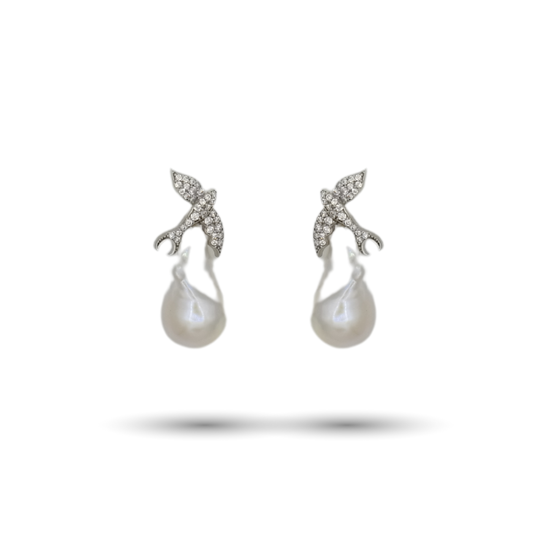 White Baroque Pearl Earrings with Dove